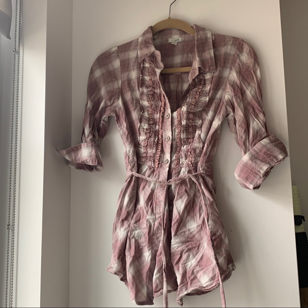 Anthropologie Dusty rose plaid 3/4 sleeve top